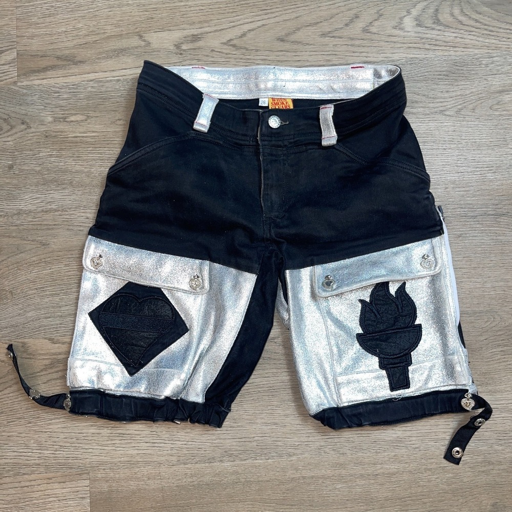 When Smoke Clears Unisex 26 Metallic Silver Black Biker Shorts Y2K
